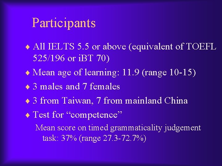 Participants ¨ All IELTS 5. 5 or above (equivalent of TOEFL 525/196 or i. Participants ¨ All IELTS 5. 5 or above (equivalent of TOEFL 525/196 or i.