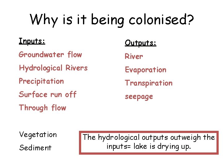 Why is it being colonised? Inputs: Outputs: Groundwater flow River Hydrological Rivers Evaporation Precipitation Why is it being colonised? Inputs: Outputs: Groundwater flow River Hydrological Rivers Evaporation Precipitation
