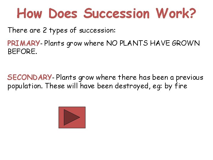 How Does Succession Work? There are 2 types of succession: PRIMARY- Plants grow where How Does Succession Work? There are 2 types of succession: PRIMARY- Plants grow where