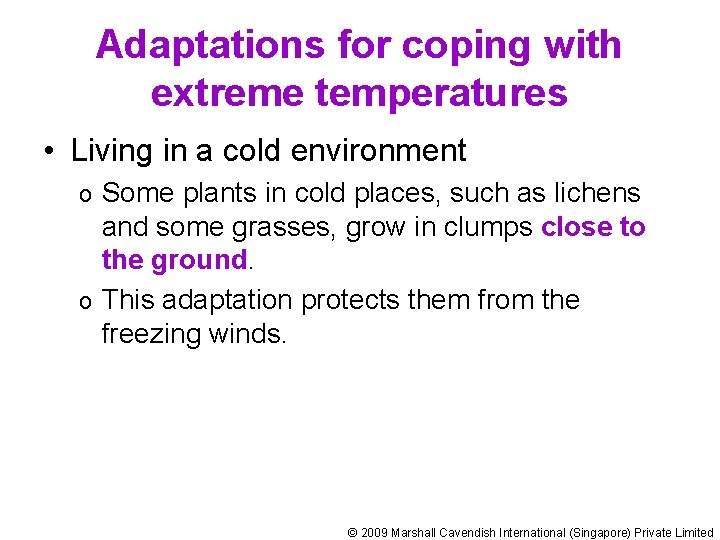 Adaptations for coping with extreme temperatures • Living in a cold environment Some plants