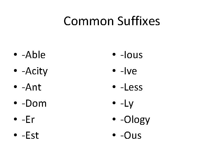 Common Suffixes • • • -Able -Acity -Ant -Dom -Er -Est • • •