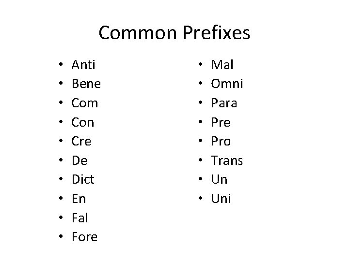 Common Prefixes • • • Anti Bene Com Con Cre De Dict En Fal