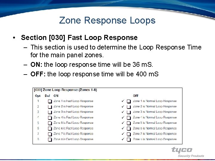 Zone Response Loops • Section [030] Fast Loop Response – This section is used