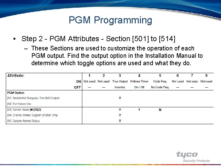 PGM Programming • Step 2 - PGM Attributes - Section [501] to [514] –