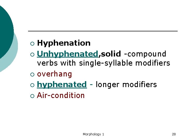 Hyphenation ¡ Unhyphenated, solid -compound verbs with single-syllable modifiers ¡ overhang ¡ hyphenated -
