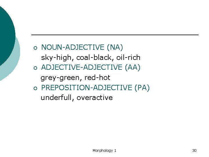 NOUN-ADJECTIVE (NA) sky-high, coal-black, oil-rich ¡ ADJECTIVE-ADJECTIVE (AA) grey-green, red-hot ¡ PREPOSITION-ADJECTIVE (PA) underfull,