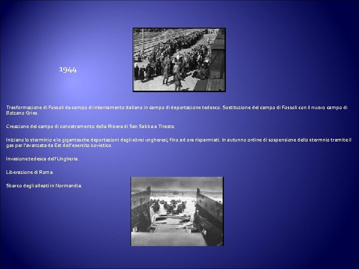 1944 Trasformazione di Fossoli da campo di internamento italiano in campo di deportazione tedesco. 1944 Trasformazione di Fossoli da campo di internamento italiano in campo di deportazione tedesco.