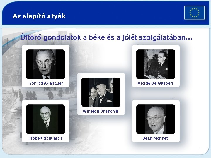 Az alapító atyák Úttörő gondolatok a béke és a jólét szolgálatában… Konrad Adenauer Alcide