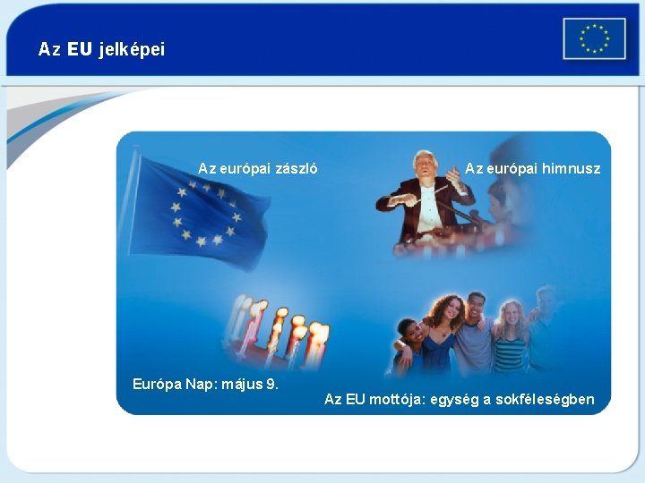 Az EU jelképei Az európai zászló Európa Nap: május 9. Az európai himnusz Az