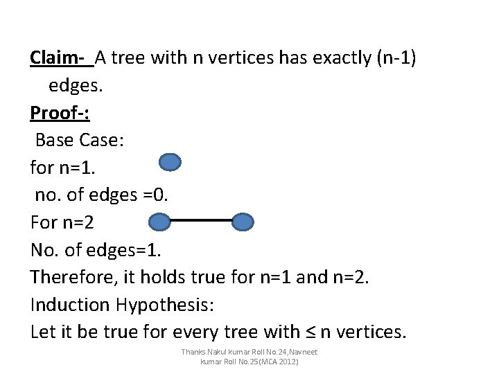 Claim- A tree with n vertices has exactly (n-1) edges. Proof-: Base Case: for