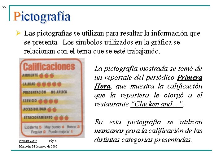 22 Pictografía Ø Las pictografías se utilizan para resaltar la información que se presenta.