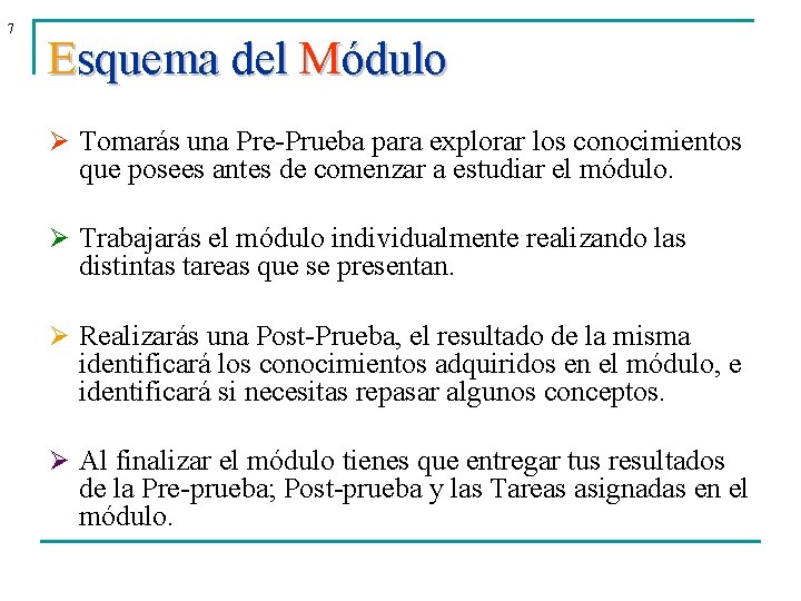 7 Esquema del Módulo Ø Tomarás una Pre-Prueba para explorar los conocimientos que posees