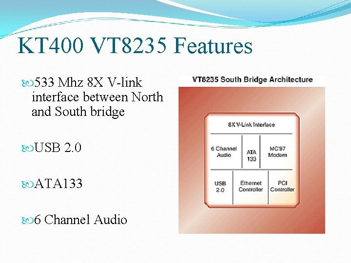 KT 400 VT 8235 Features 533 Mhz 8 X V-link interface between North and
