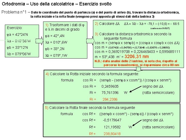 Ortodromia – Uso della calcolatrice – Esercizio svolto Problema n° 1 – Date le