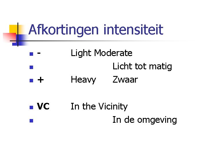 Afkortingen intensiteit n - n n + n VC n Light Moderate Licht tot