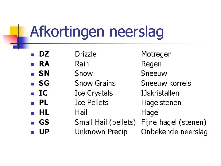 Afkortingen neerslag n n n n n DZ RA SN SG IC PL HL