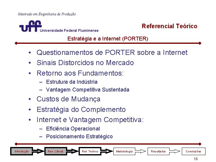 Mestrado em Engenharia de Produção Referencial Teórico Estratégia e a Internet (PORTER) • Questionamentos Mestrado em Engenharia de Produção Referencial Teórico Estratégia e a Internet (PORTER) • Questionamentos
