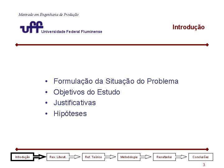 Mestrado em Engenharia de Produção Introdução • • Introdução Formulação da Situação do Problema Mestrado em Engenharia de Produção Introdução • • Introdução Formulação da Situação do Problema