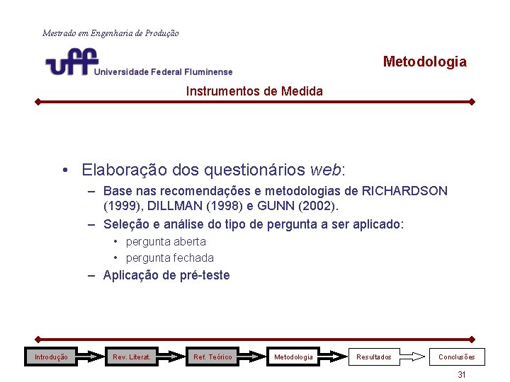 Mestrado em Engenharia de Produção Metodologia Instrumentos de Medida • Elaboração dos questionários web: Mestrado em Engenharia de Produção Metodologia Instrumentos de Medida • Elaboração dos questionários web:
