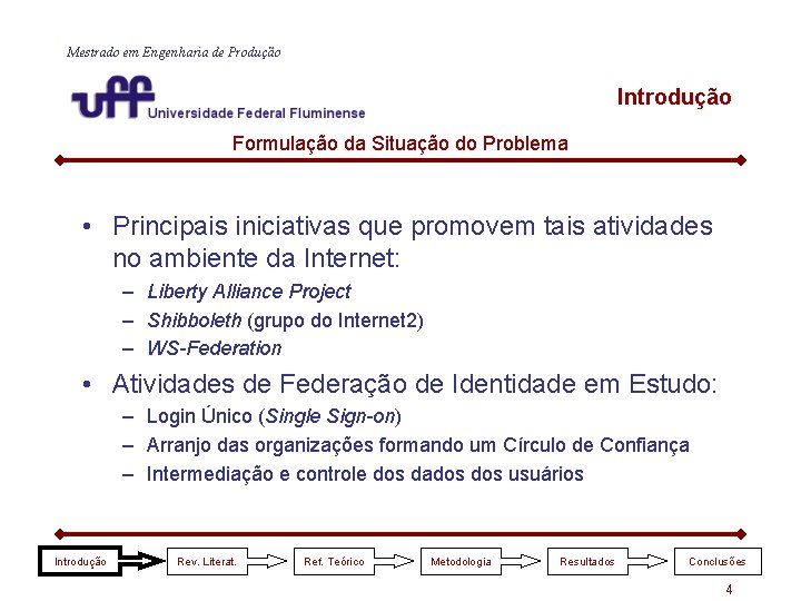 Mestrado em Engenharia de Produção Introdução Formulação da Situação do Problema • Principais iniciativas Mestrado em Engenharia de Produção Introdução Formulação da Situação do Problema • Principais iniciativas