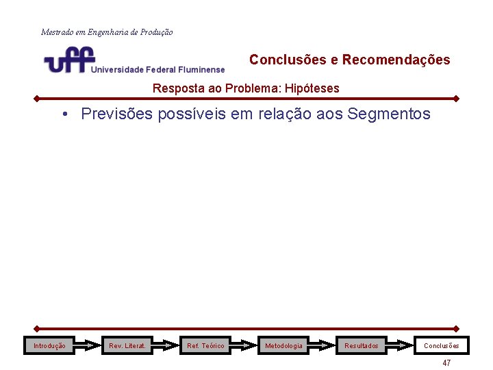 Mestrado em Engenharia de Produção Conclusões e Recomendações Resposta ao Problema: Hipóteses • Previsões Mestrado em Engenharia de Produção Conclusões e Recomendações Resposta ao Problema: Hipóteses • Previsões