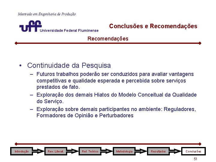 Mestrado em Engenharia de Produção Conclusões e Recomendações • Continuidade da Pesquisa – Futuros Mestrado em Engenharia de Produção Conclusões e Recomendações • Continuidade da Pesquisa – Futuros