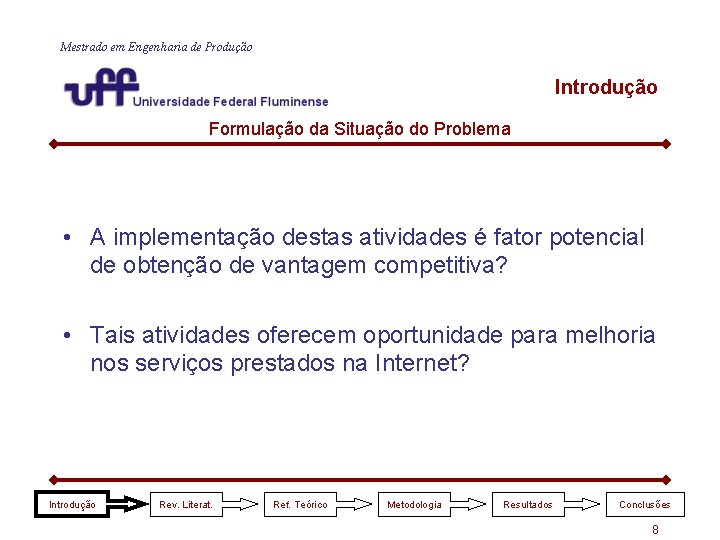 Mestrado em Engenharia de Produção Introdução Formulação da Situação do Problema • A implementação Mestrado em Engenharia de Produção Introdução Formulação da Situação do Problema • A implementação