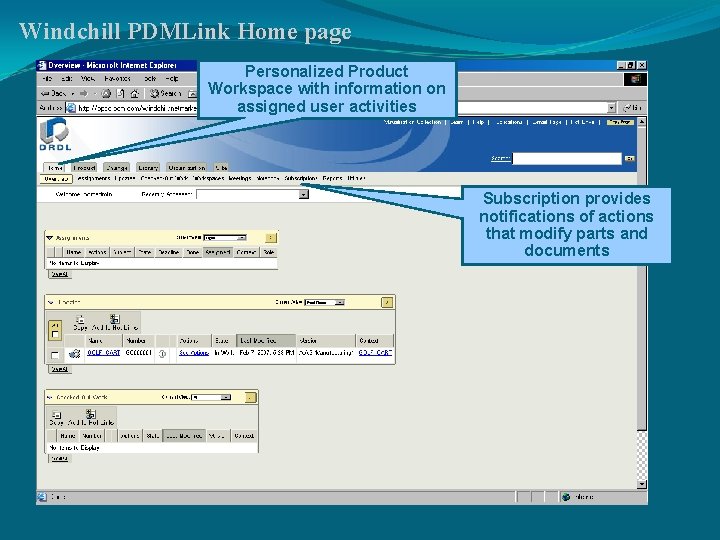 Windchill PDMLink Home page Personalized Product Workspace with information on assigned user activities Subscription