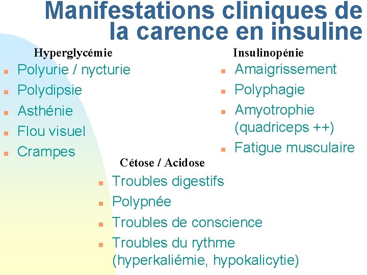 Manifestations cliniques de la carence en insuline Hyperglycémie n n n Insulinopénie Polyurie /