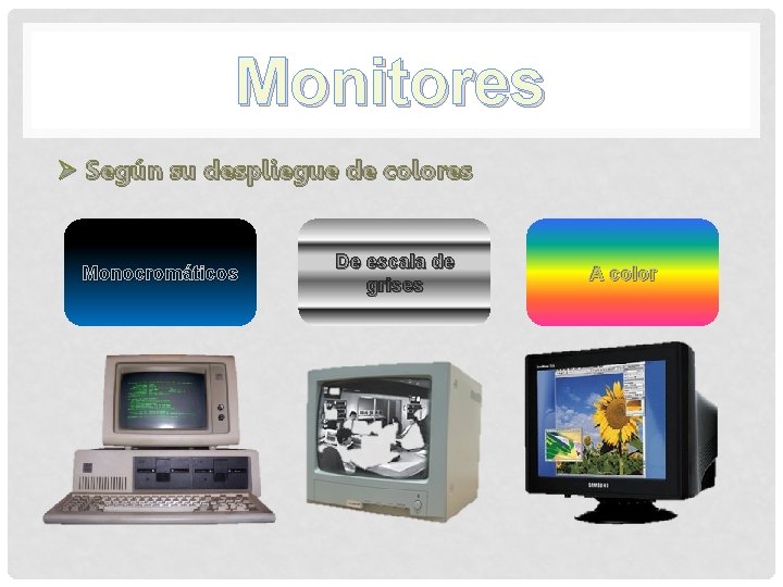 Monitores Ø Según su despliegue de colores Monocromáticos De escala de grises A color Monitores Ø Según su despliegue de colores Monocromáticos De escala de grises A color