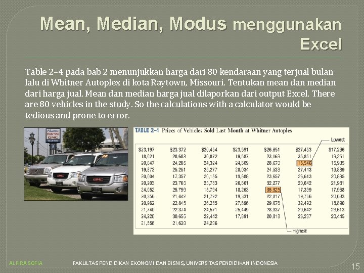 Mean, Median, Modus menggunakan Excel Table 2– 4 pada bab 2 menunjukkan harga dari