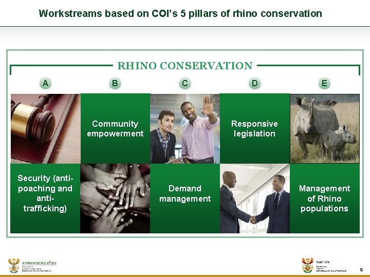 Workstreams based on COI’s 5 pillars of rhino conservation RHINO CONSERVATION A B C