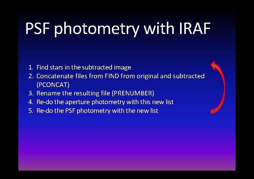 PSF photometry with IRAF 1. Find stars in the subtracted image 2. Concatenate files