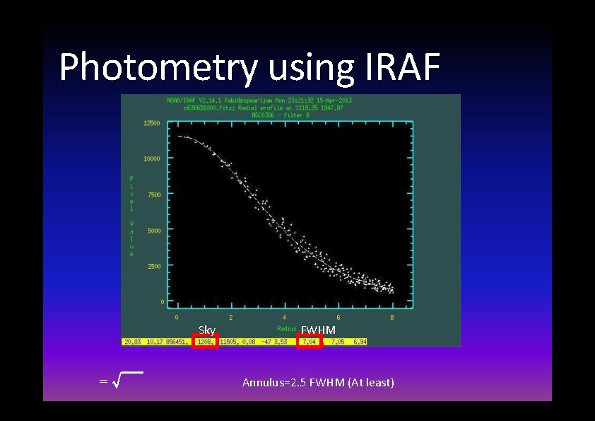 Photometry using IRAF Sky = FWHM Annulus=2. 5 FWHM (At least) 