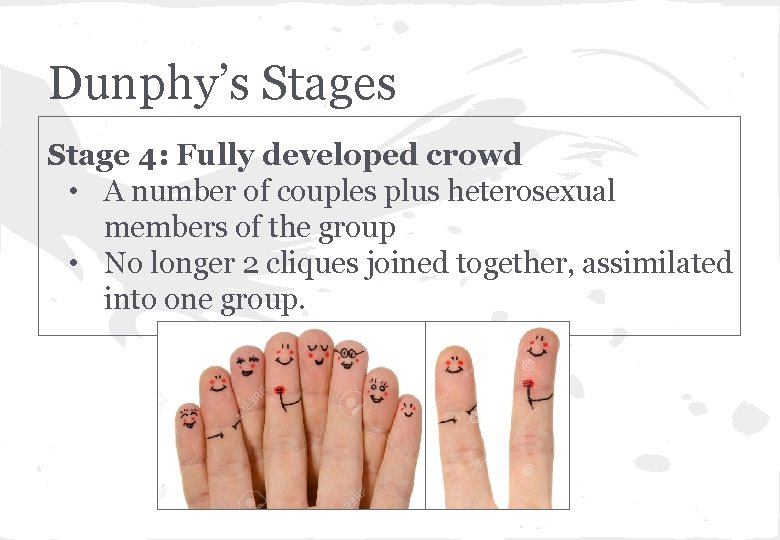 Dunphy’s Stage 4: Fully developed crowd • A number of couples plus heterosexual members