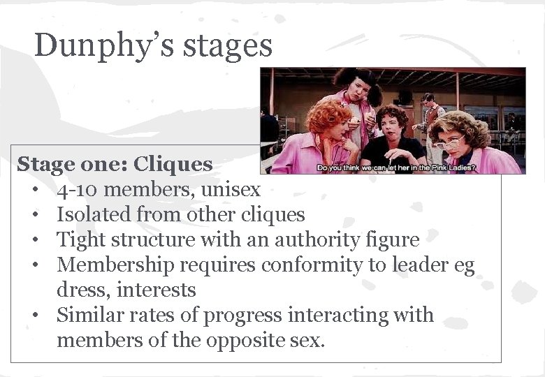 Dunphy’s stages Stage one: Cliques • 4 -10 members, unisex • Isolated from other