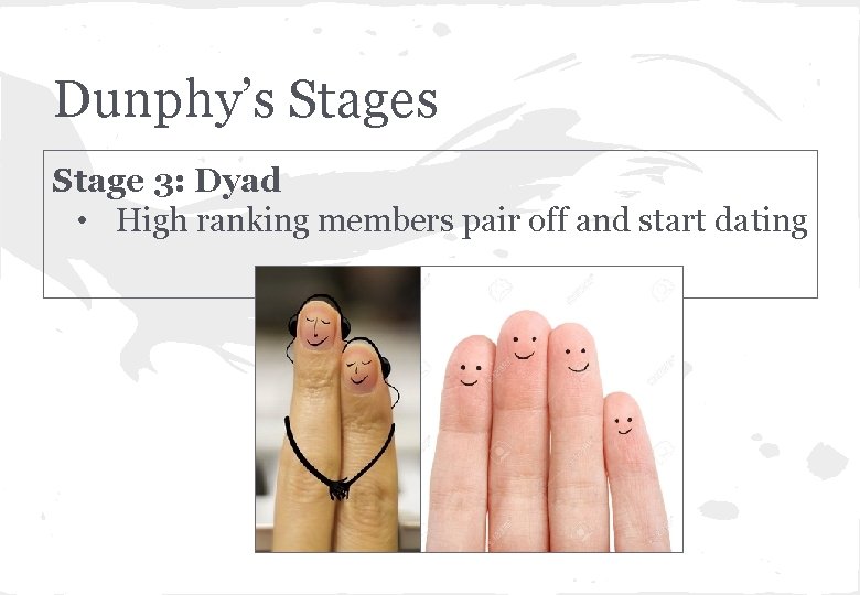 Dunphy’s Stage 3: Dyad • High ranking members pair off and start dating 