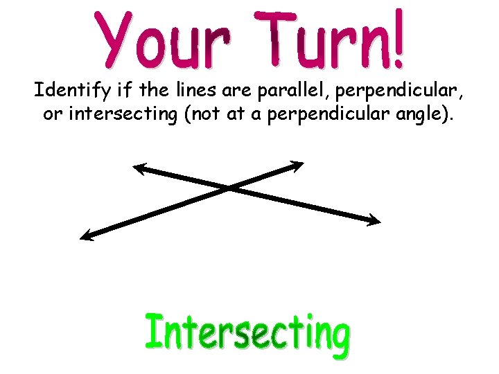 Identify if the lines are parallel, perpendicular, or intersecting (not at a perpendicular angle).