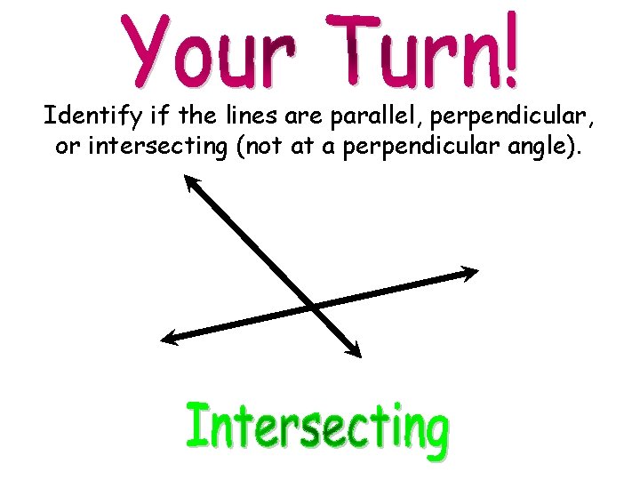 Identify if the lines are parallel, perpendicular, or intersecting (not at a perpendicular angle).