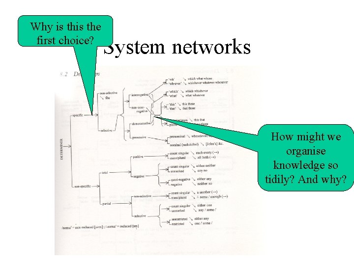 Why is the first choice? System networks How might we organise knowledge so tidily?