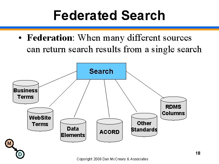 Federated Search • Federation: When many different sources can return search results from a
