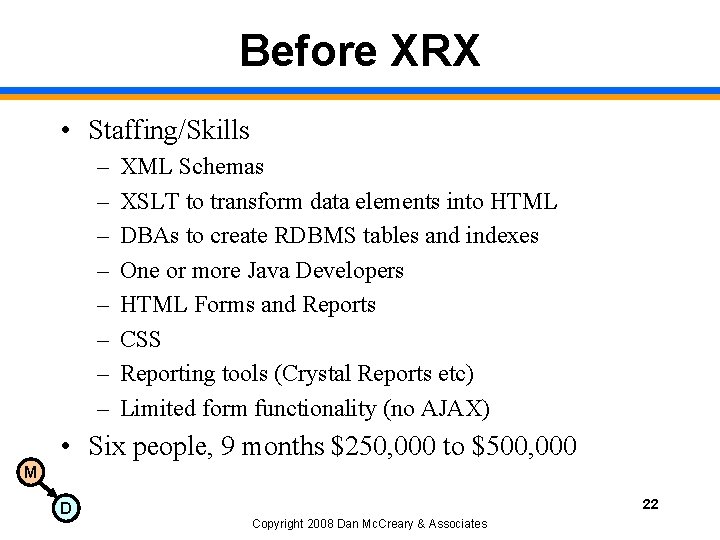 Before XRX • Staffing/Skills – – – – XML Schemas XSLT to transform data