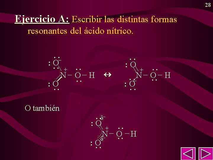 28 Ejercicio A: Escribir las distintas formas resonantes del ácido nítrico. · ·– : 28 Ejercicio A: Escribir las distintas formas resonantes del ácido nítrico. · ·– :