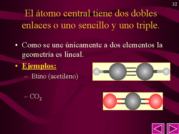 32 El átomo central tiene dos dobles enlaces o uno sencillo y uno triple. 32 El átomo central tiene dos dobles enlaces o uno sencillo y uno triple.
