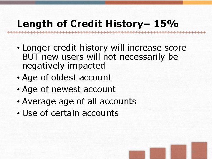 Length of Credit History– 15% • Longer credit history will increase score BUT new