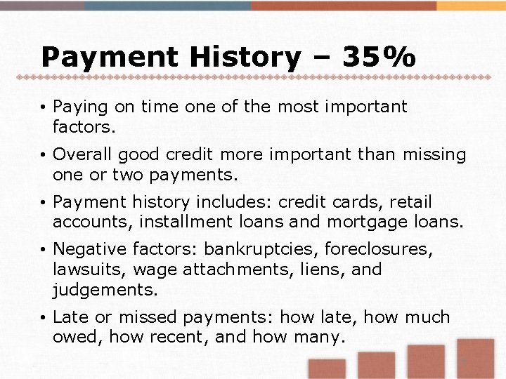 Payment History – 35% • Paying on time one of the most important factors.