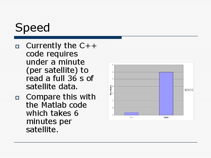 Speed o o Currently the C++ code requires under a minute (per satellite) to