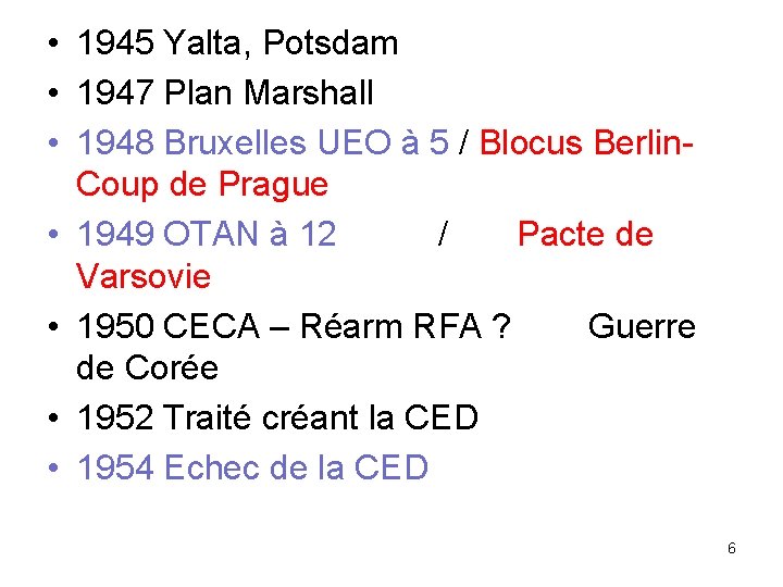  • 1945 Yalta, Potsdam • 1947 Plan Marshall • 1948 Bruxelles UEO à