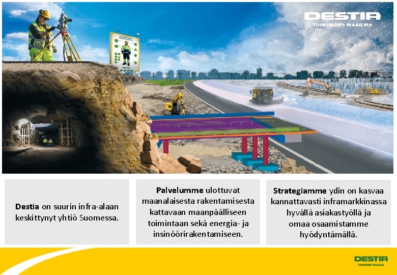 Destia on suurin infra-alaan keskittynyt yhtiö Suomessa. Palvelumme ulottuvat maanalaisesta rakentamisesta kattavaan maanpäälliseen toimintaan