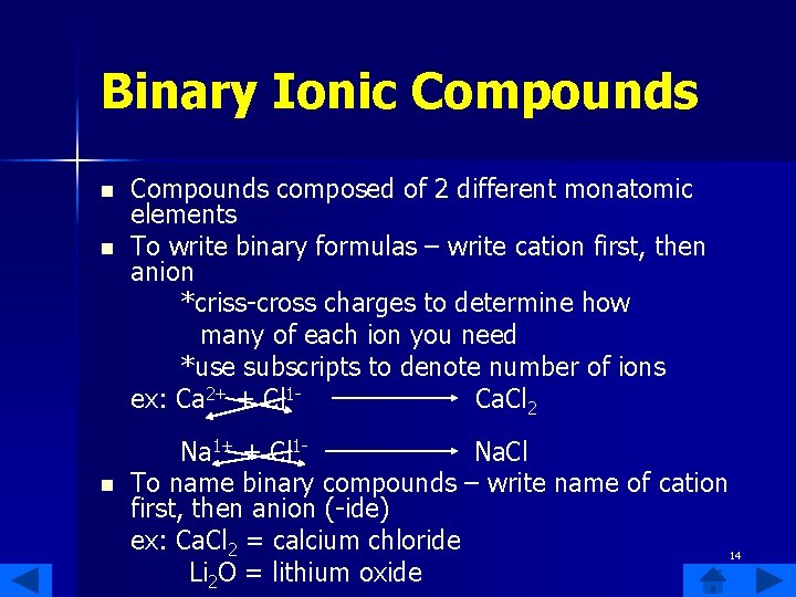 Binary Ionic Compounds n n n Compounds composed of 2 different monatomic elements To